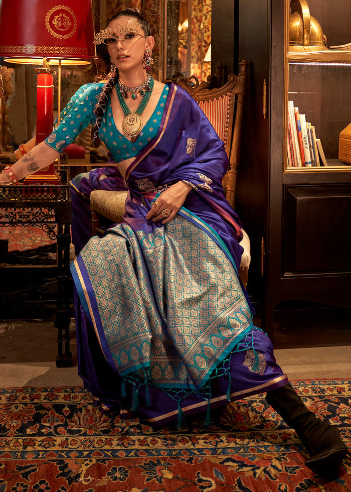 Indigo Purple Two Tone Satin Silk Saree with Contrast Pallu & Blouse - qivii