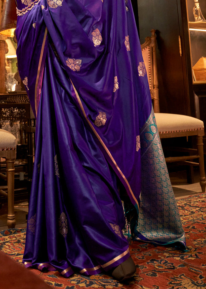 Indigo Purple Two Tone Satin Silk Saree with Contrast Pallu & Blouse - qivii