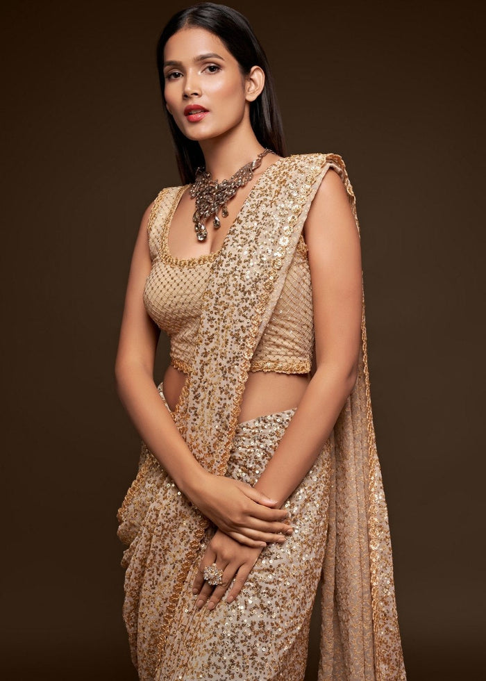 Ivory White Sequins & Thread Embroidered Designer Georgette Saree - qivii