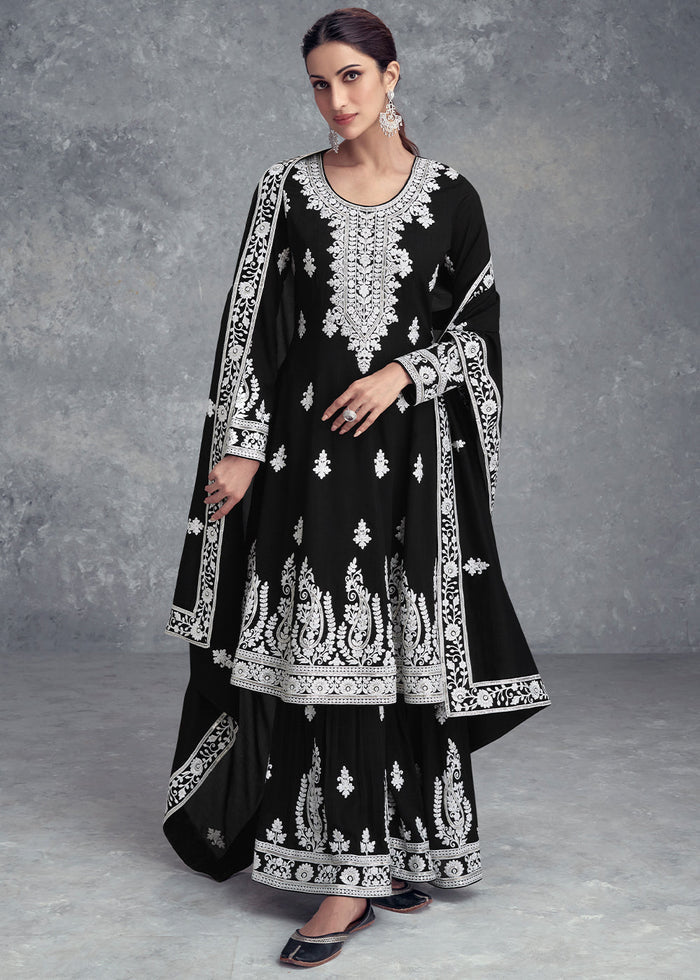 Jade Black Floral Embroidery Chinon Plazzo Suit - qivii