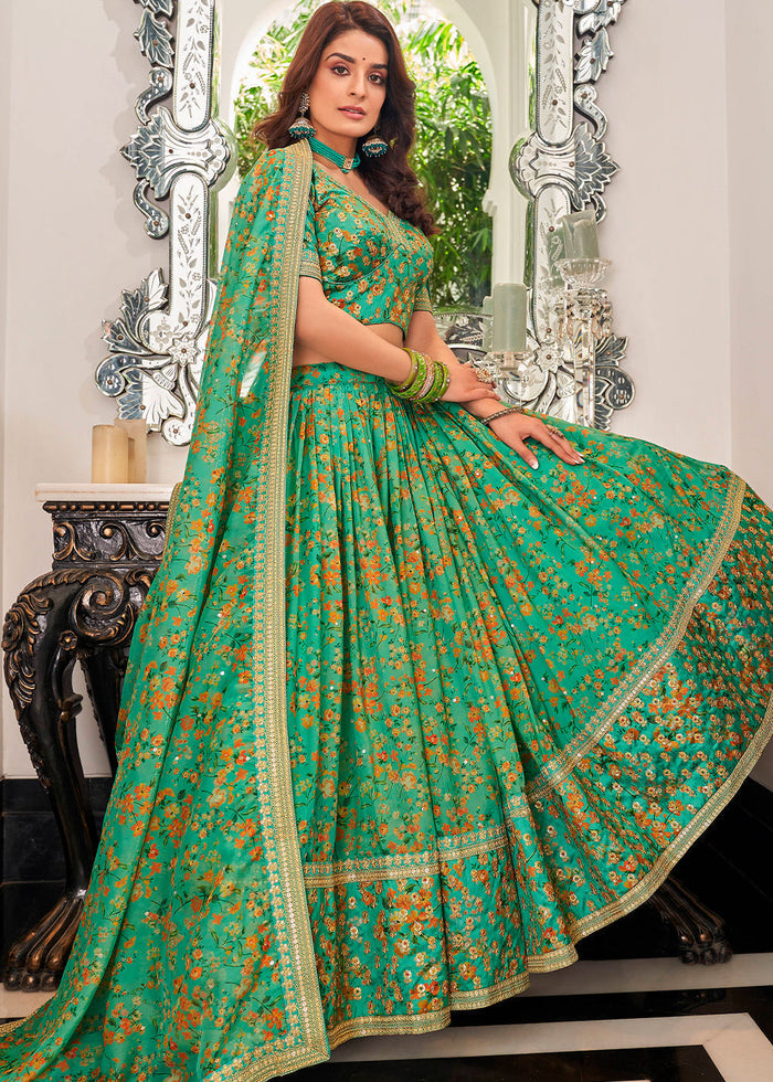 Jade Green Organza Lehenga with Thread, Zari,Dori & Sequins work | Ready To Wear - qivii