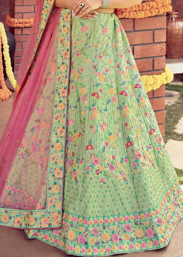Kelly Green Raw Silk Lehenga Choli with Sequins, Resham & Zarkan work | Ready To Wear - qivii