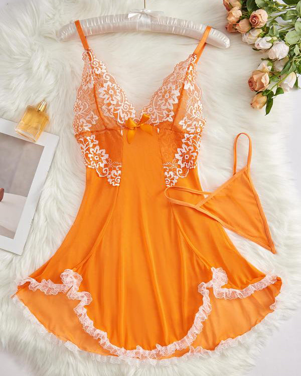 Lace Bowknot Sleeping Dress Thong Set Spaghetti Strap V Neck Lingerie  - By Qivii