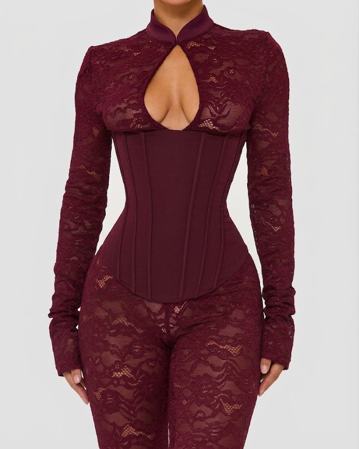 Lace Corset Long-sleeved Hourglass Jumpsuit  - By Qivii