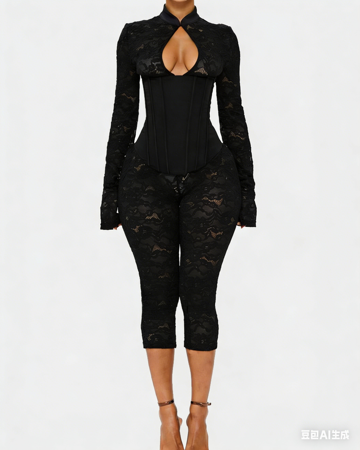 Lace Corset Long-sleeved Hourglass Jumpsuit  - By Qivii