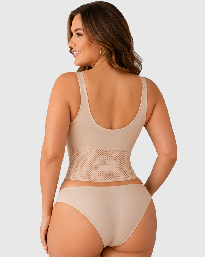 Lace Trim Front Hook-and-Eye Bustier Shaper Tank Top with Waist Control  - By Qivii