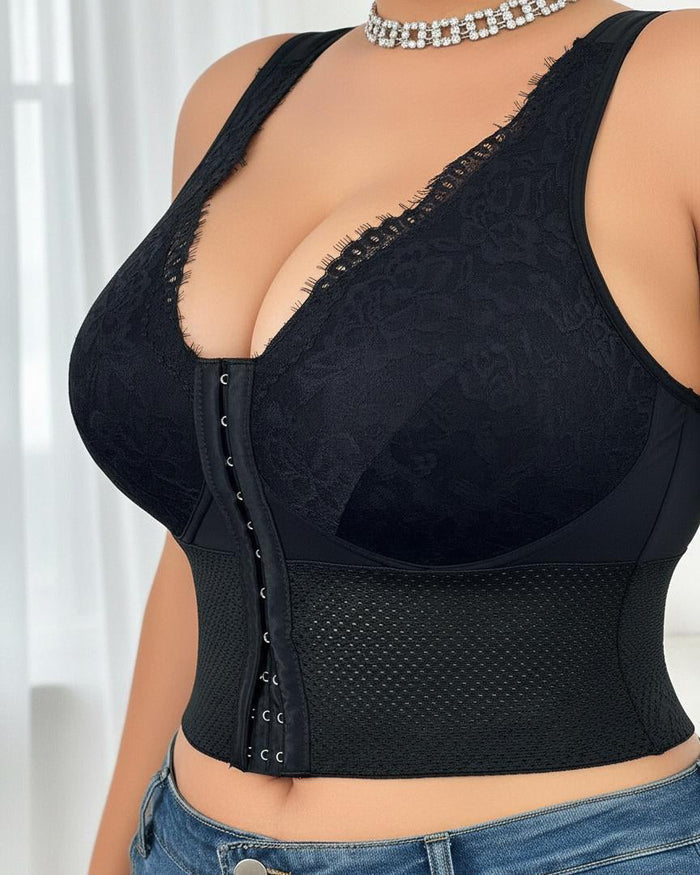 Lace Trim Front Hook-and-Eye Bustier Shaper Tank Top with Waist Control  - By Qivii