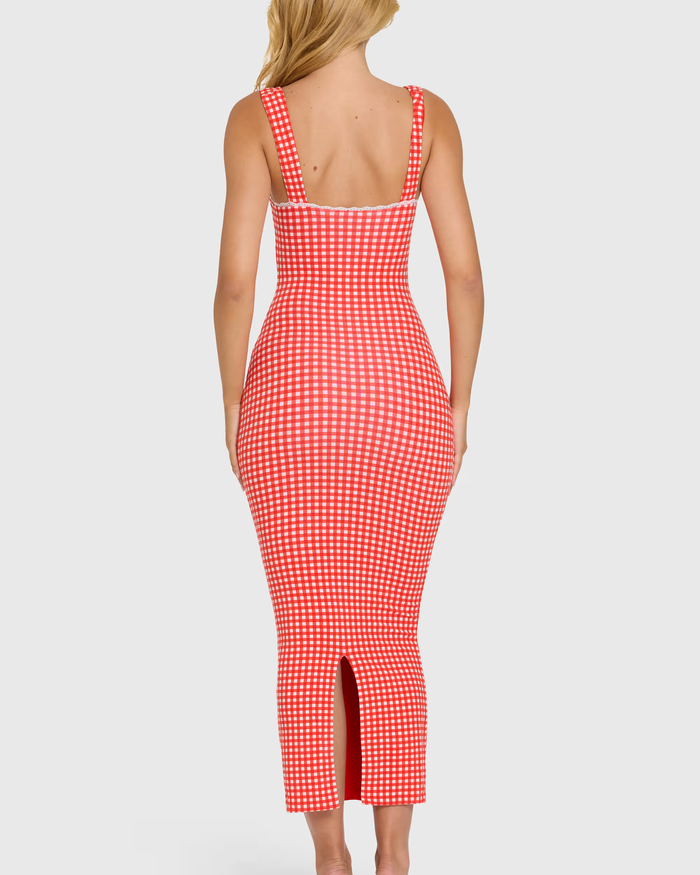 Lace-trim Midaxi Dress in Red Gingham  - By Qivii