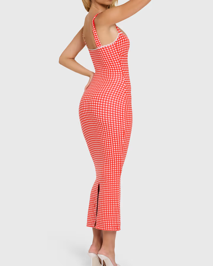 Lace-trim Midaxi Dress in Red Gingham  - By Qivii