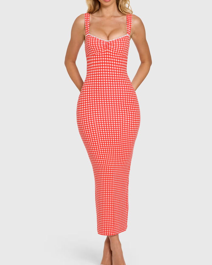 Lace-trim Midaxi Dress in Red Gingham  - By Qivii