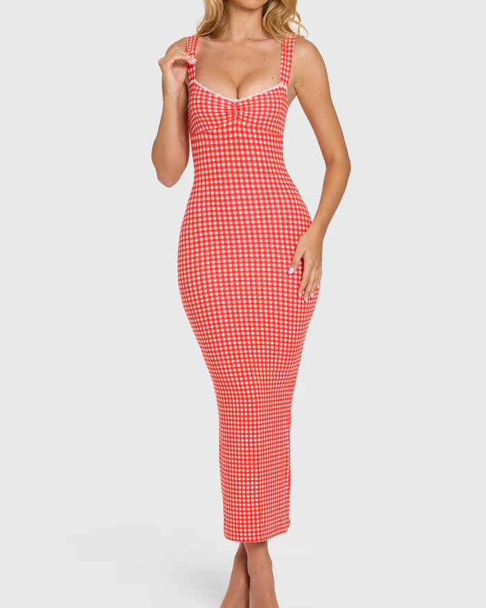 Lace-trim Midaxi Dress in Red Gingham  - By Qivii
