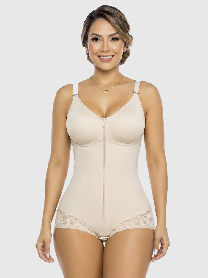 Lace-trimmed Tummy Control Zipper Shapewear Bodysuit  - By Qivii