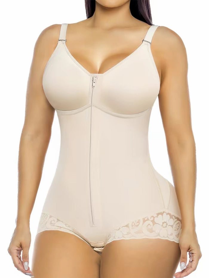 Lace-trimmed Tummy Control Zipper Shapewear Bodysuit  - By Qivii