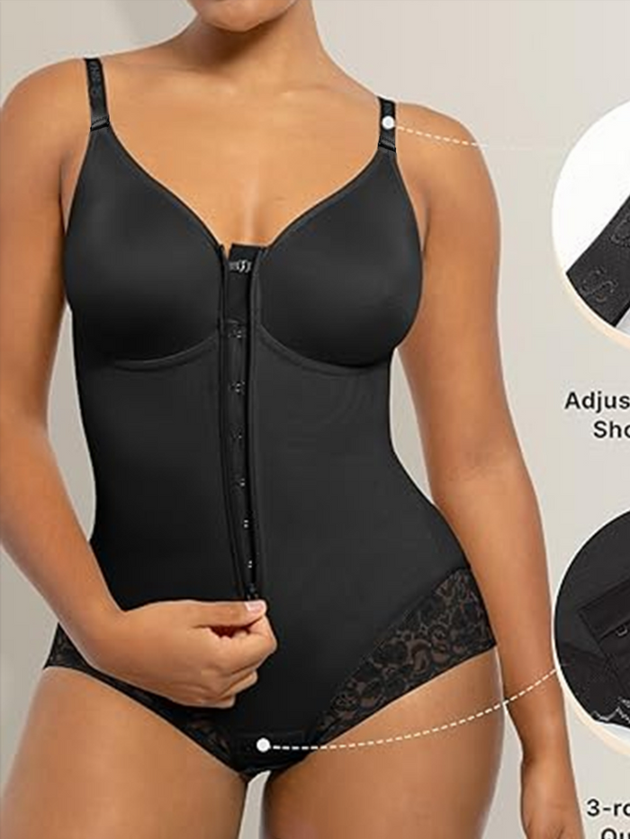 Lace-trimmed Tummy Control Zipper Shapewear Bodysuit  - By Qivii