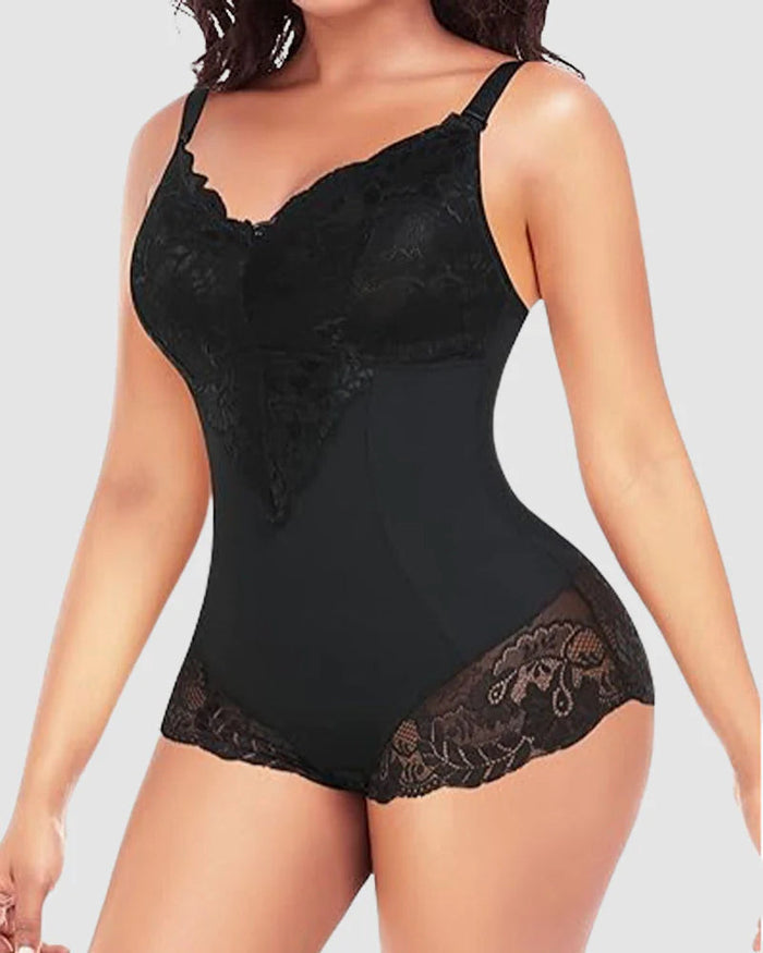 Lace V neck Tummy Control Sculpting Full Body Shapewear Bodysuit  - By Qivii