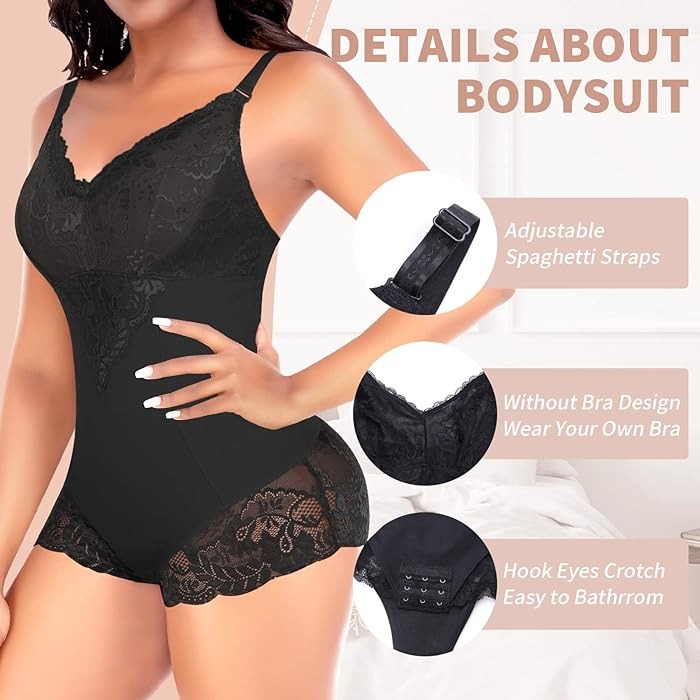 Lace V neck Tummy Control Sculpting Full Body Shapewear Bodysuit  - By Qivii