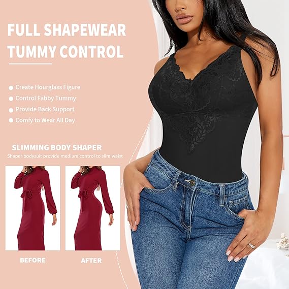 Lace V neck Tummy Control Sculpting Full Body Shapewear Bodysuit  - By Qivii