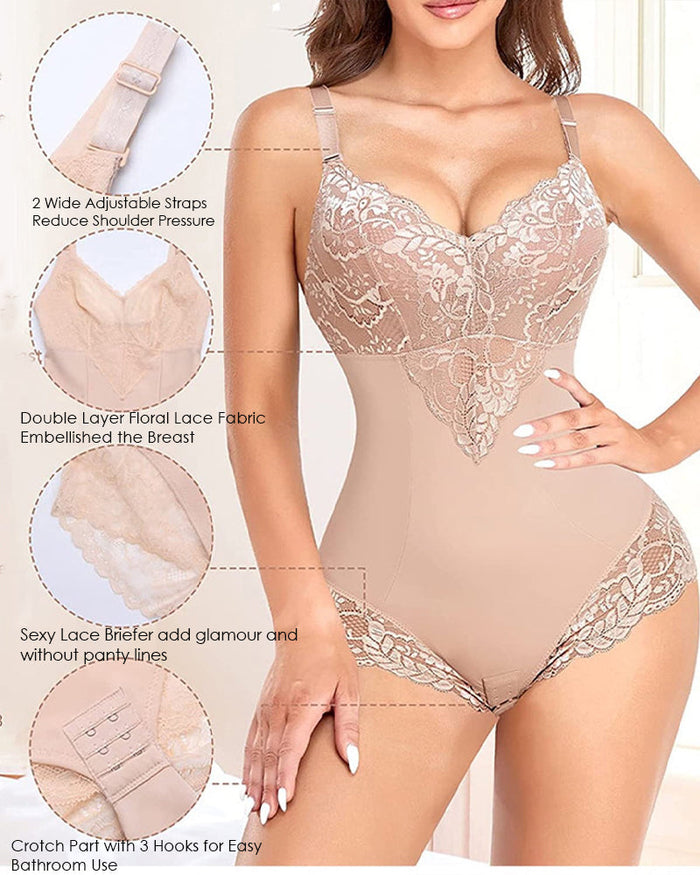 Lace V neck Tummy Control Sculpting Full Body Shapewear Bodysuit  - By Qivii