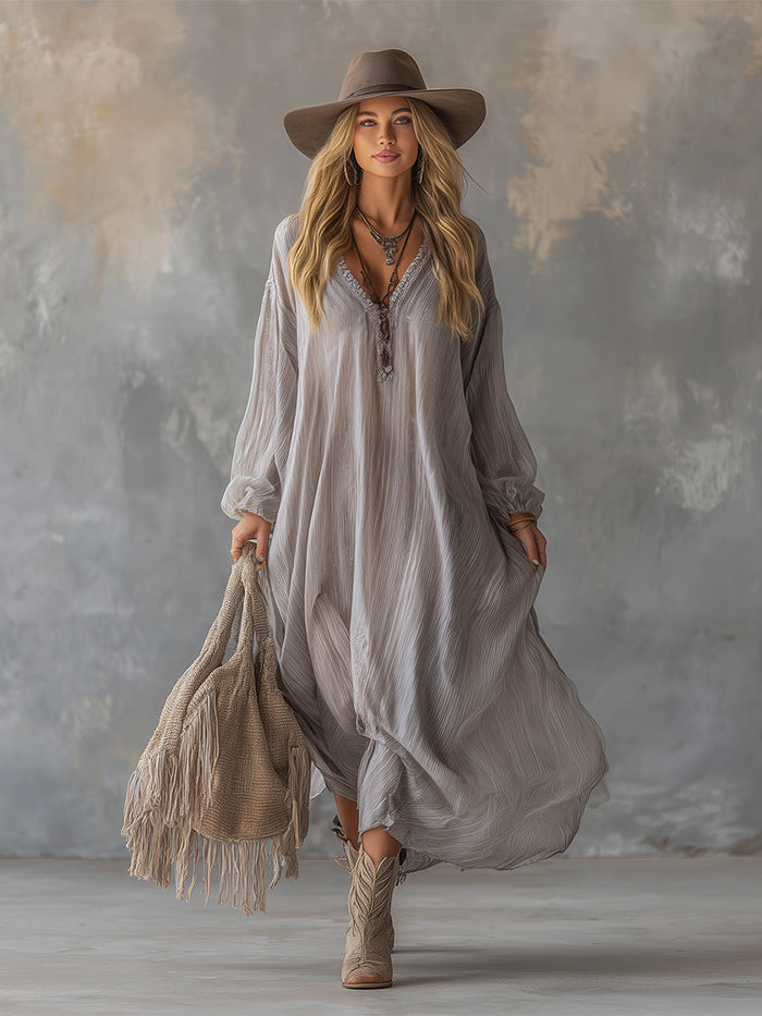 Lazy And Elegant V-neck Light Gray Crinkled Chiffon Maxi Dress  - By Qivii