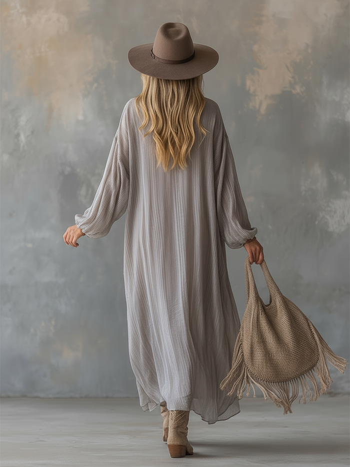 Lazy And Elegant V-neck Light Gray Crinkled Chiffon Maxi Dress  - By Qivii