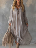 Lazy And Elegant V-neck Light Gray Crinkled Chiffon Maxi Dress  - By Qivii