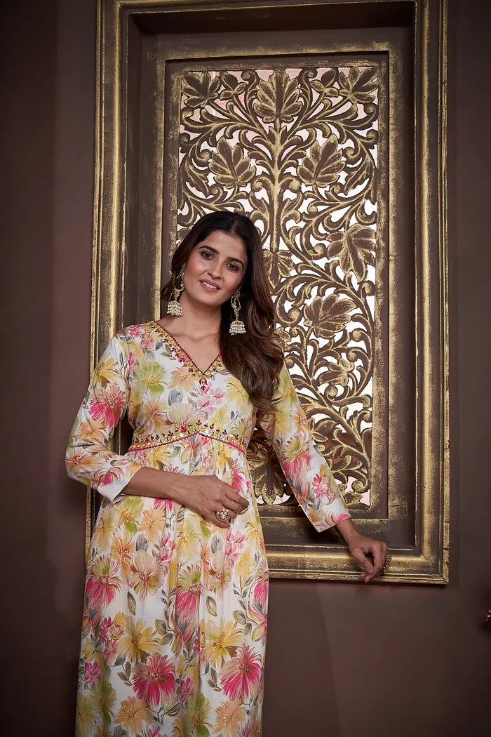 Lemon Yellow Handwork Kurta Set with Pant & Dupatta - qivii