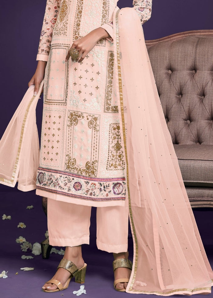 Lemonade Pink Georgette Salwar Suit with Thread, Zari & Sequence work - qivii