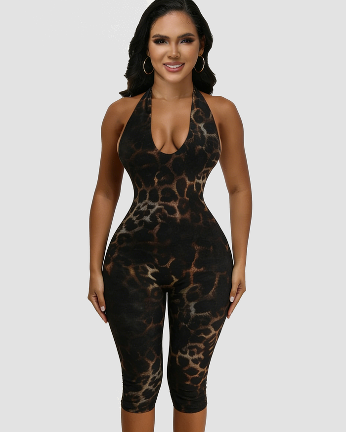 Leopard Print Backless Halter Neck Tight-Fitting Hip-Lifting Jumpsuit  - By Qivii