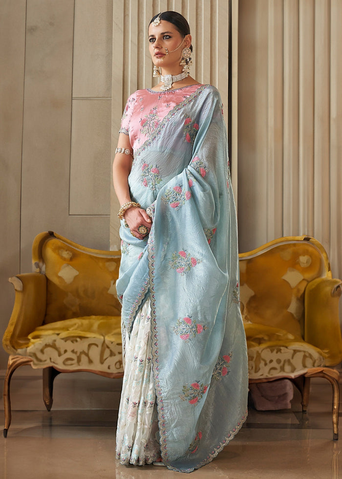 Light Blue And White Fancy Tissue Saree With Unique Work And Designer Blouse - qivii