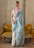 Light Blue And White Fancy Tissue Saree With Unique Work And Designer Blouse - qivii