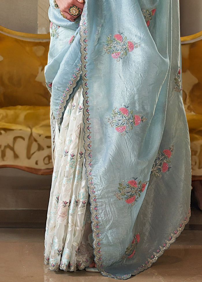 Light Blue And White Fancy Tissue Saree With Unique Work And Designer Blouse - qivii