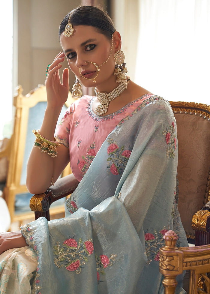 Light Blue And White Fancy Tissue Saree With Unique Work And Designer Blouse - qivii