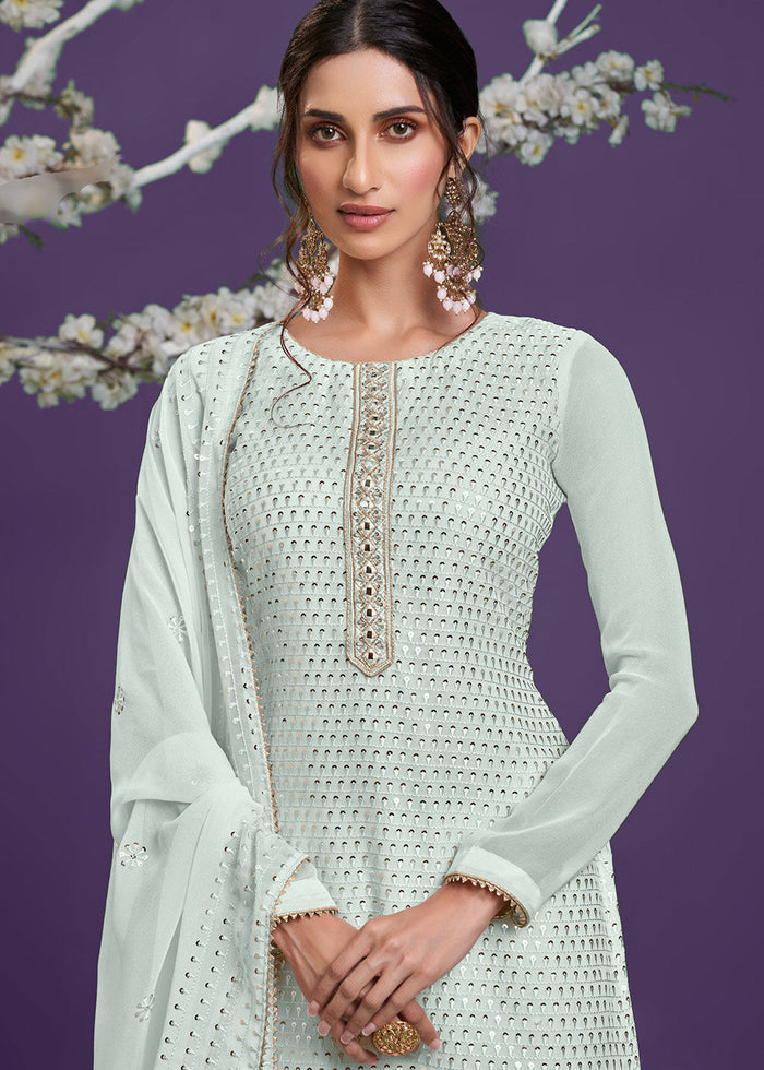 Light Coral Blue Georgette Sharara Suit with Thread, Sequins & Khatli work - qivii