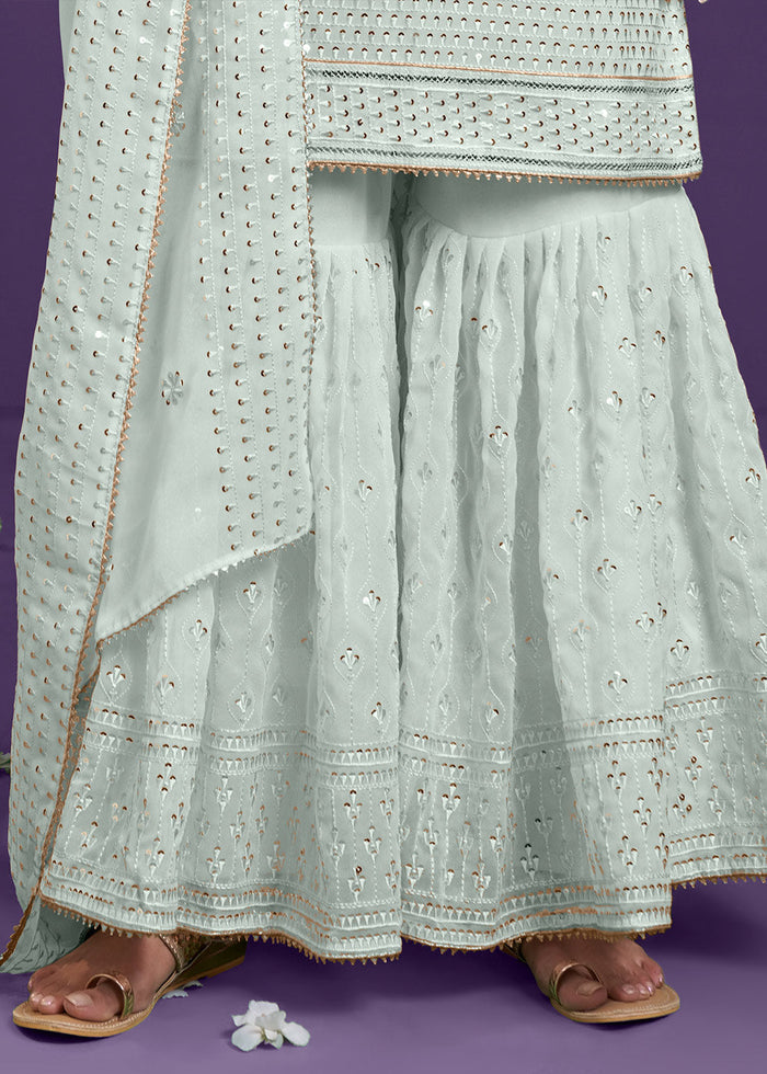 Light Coral Blue Georgette Sharara Suit with Thread, Sequins & Khatli work - qivii