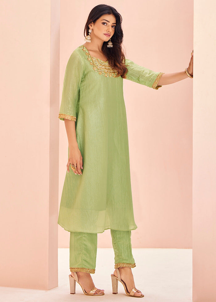 Light-Green Organza Handwork Kurta with Pant - qivii