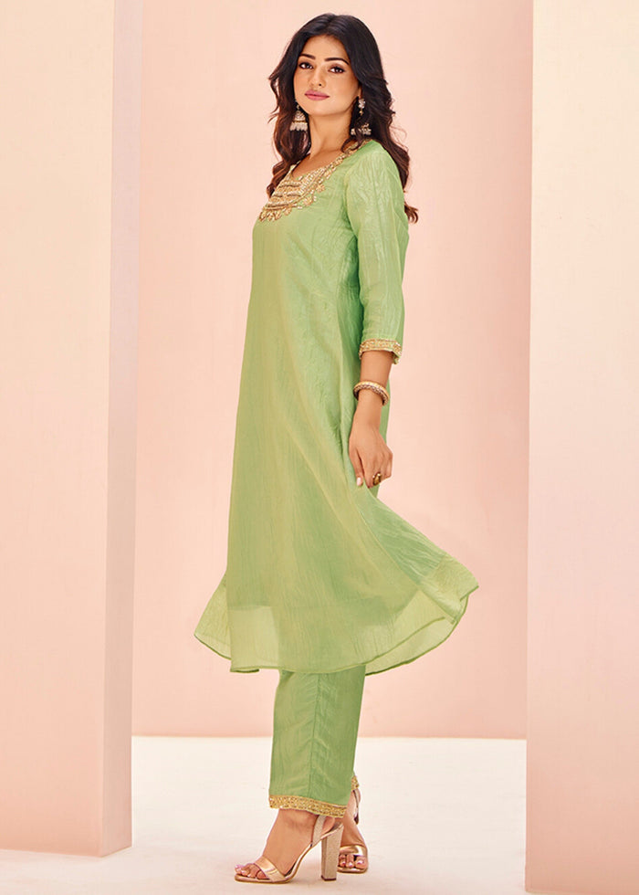 Light-Green Organza Handwork Kurta with Pant - qivii