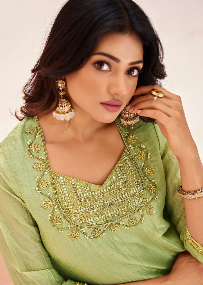Light-Green Organza Handwork Kurta with Pant - qivii