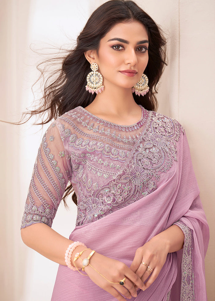 Light Lilac Purple Designer Embroidered Shaded Chiffon Saree - qivii