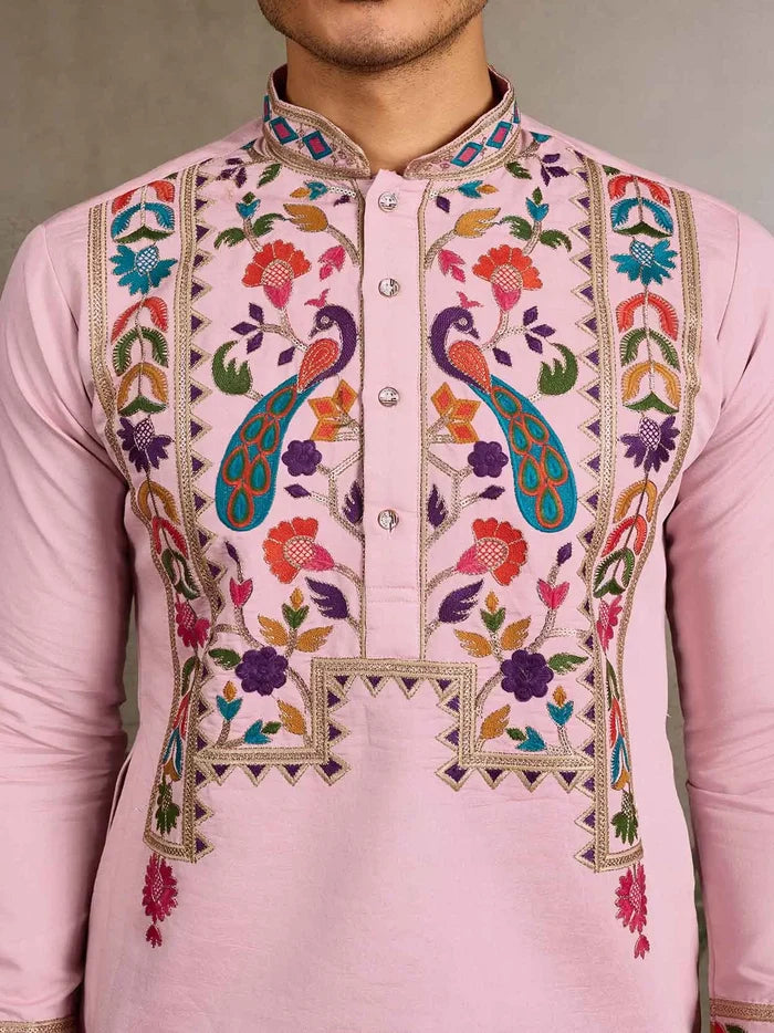 Light Pink Multi Thread Sequins Embroidery Work Festive Wear Kurta Set