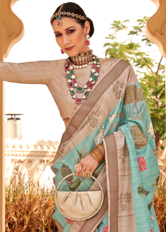 Light Sea Green Khadi Printed Raw Silk Saree - qivii