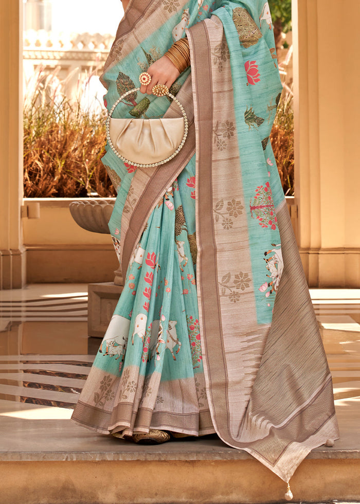 Light Sea Green Khadi Printed Raw Silk Saree - qivii