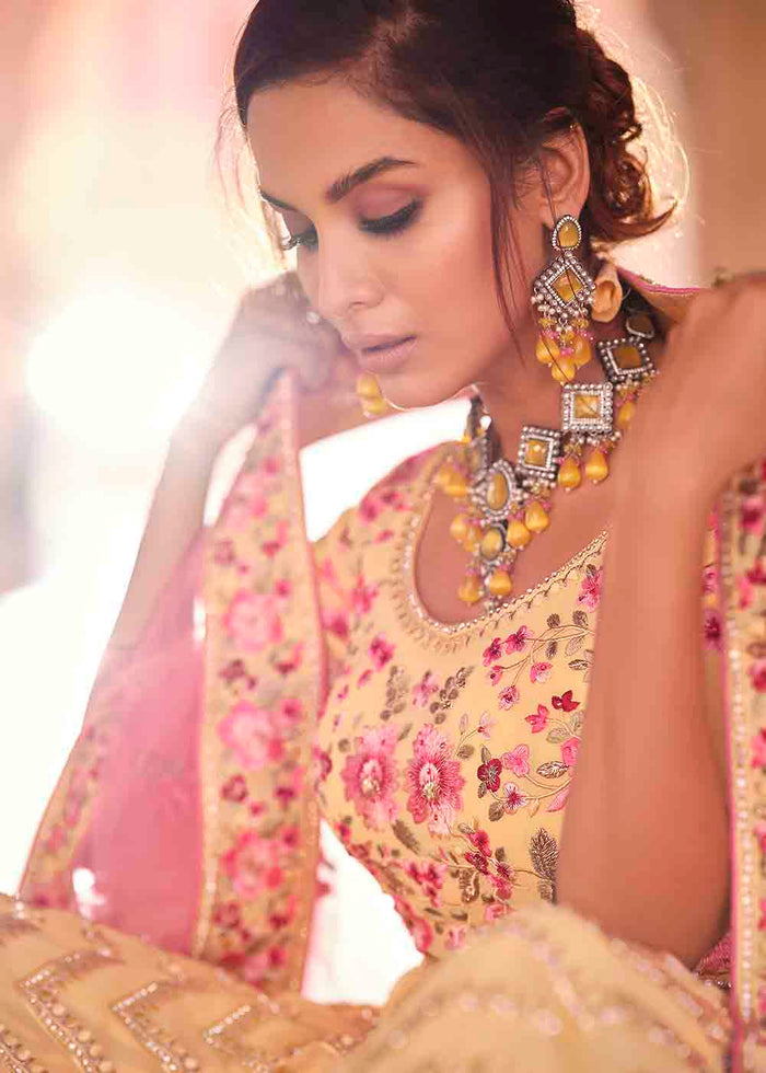 Light Yellow Georgette Lehenga Choli with Zarkan, Zari & Thread work | Ready To Wear - qivii