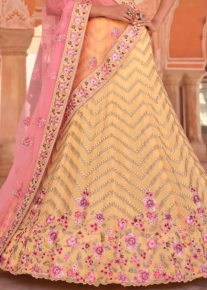 Light Yellow Georgette Lehenga Choli with Zarkan, Zari & Thread work | Ready To Wear - qivii