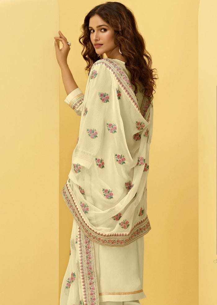 Light Yellow Georgette Salwar Suit with Thread, Zari & Cording Embroidery work - qivii