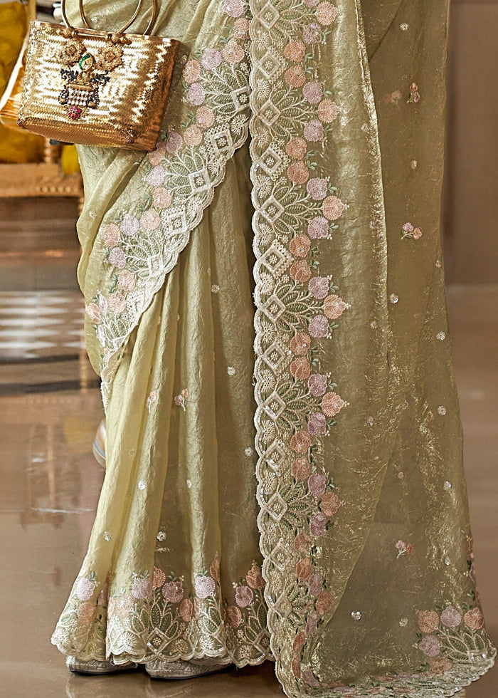Lime Green Fancy Tissue Saree With Unique Work And Designer Blouse - qivii