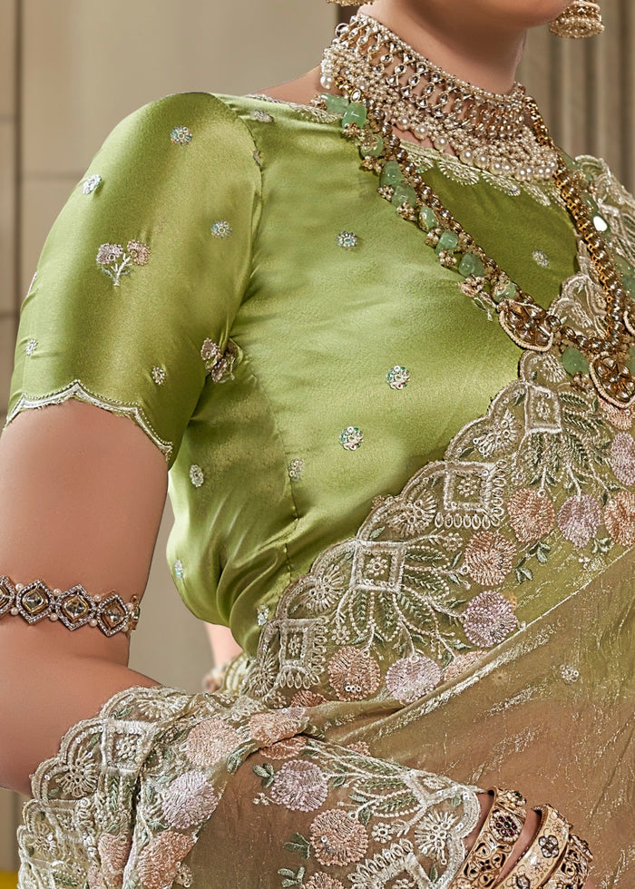 Lime Green Fancy Tissue Saree With Unique Work And Designer Blouse - qivii