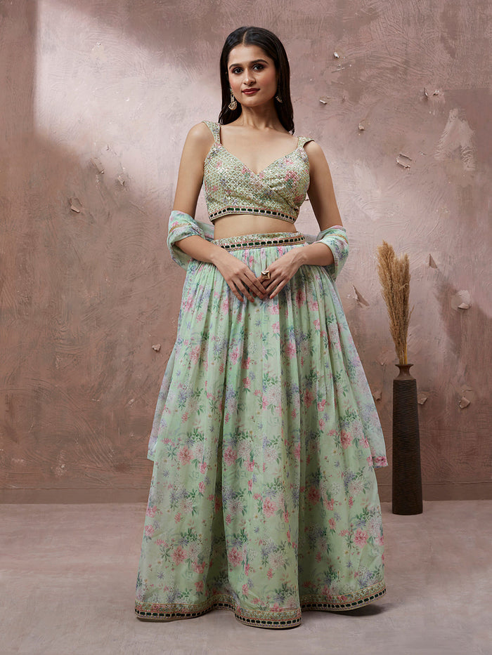 Lime Green Organza Floral Printed Semi-Stitched Lehenga choli - qivii