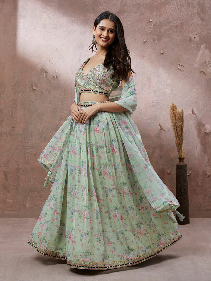 Lime Green Organza Floral Printed Semi-Stitched Lehenga choli - qivii