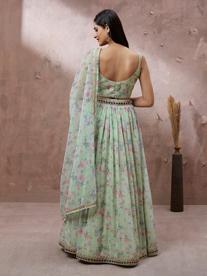 Lime Green Organza Floral Printed Semi-Stitched Lehenga choli - qivii