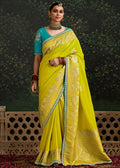Lime-Yellow and Turquoise Viscose silk Saree with Zari work - qivii